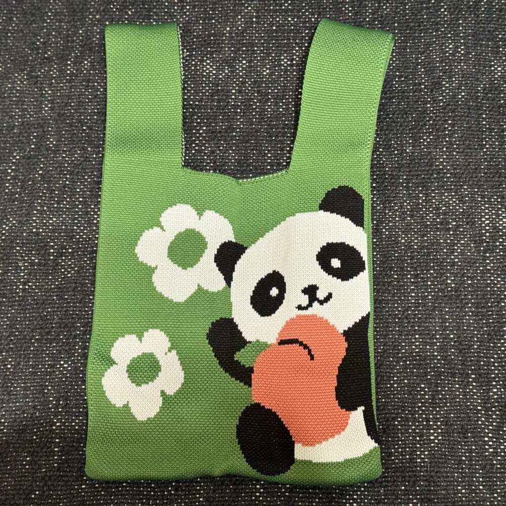 Japanese Style Knot Wristlet Bag, Jacquard Knit Floral Panda, Green Multi